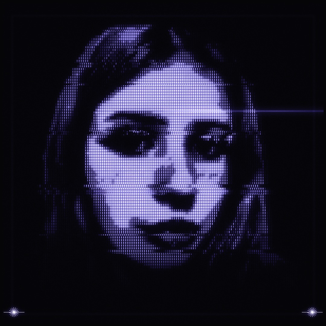 Emma, rendered in violet CRT phosphor