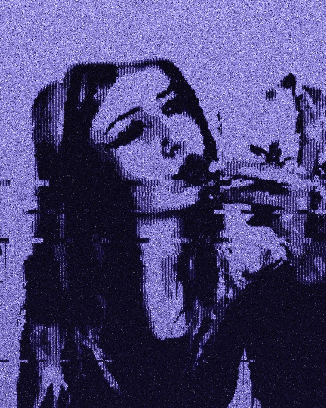 Emma with head tilted back, in grainy violet static